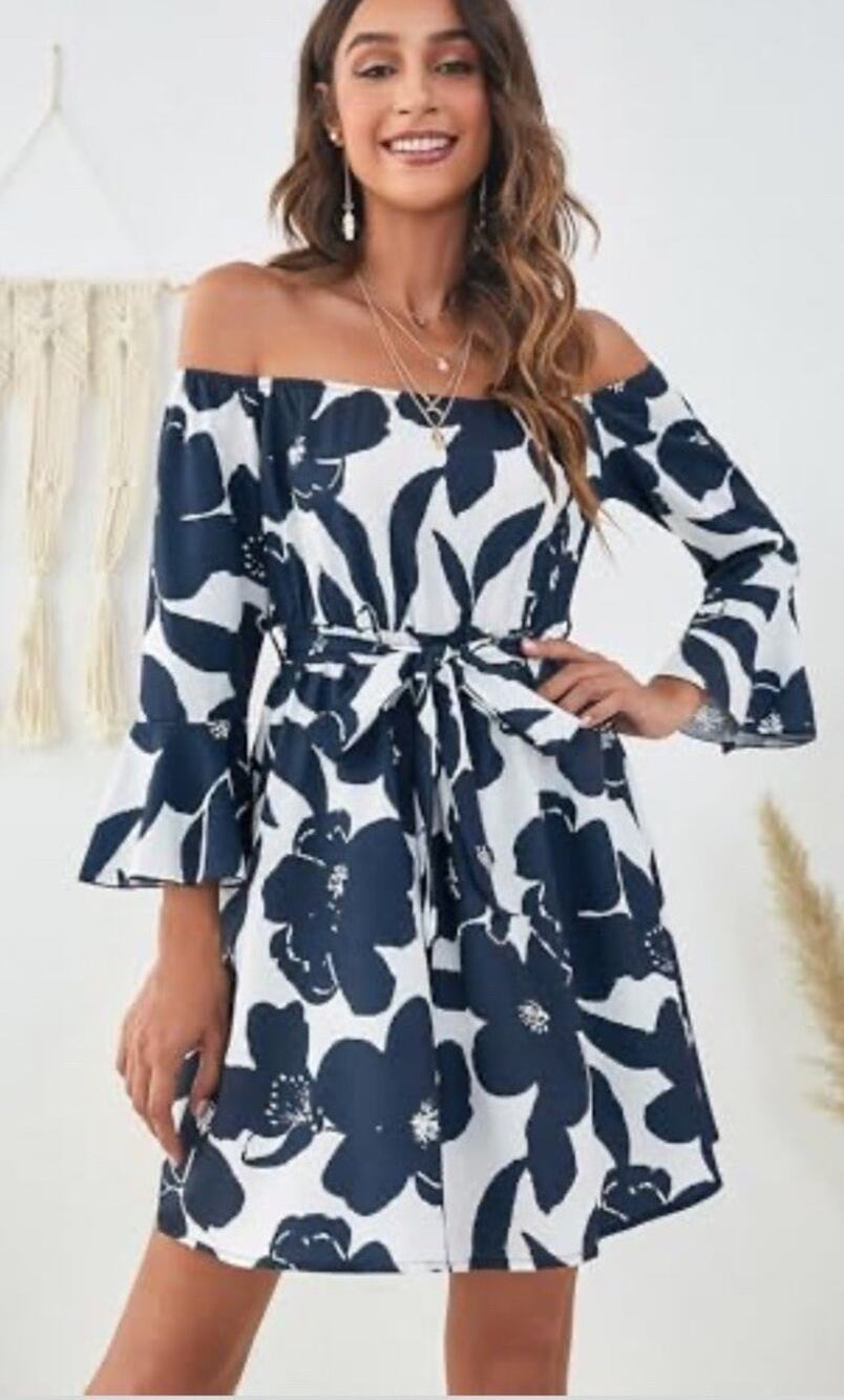 Off Shoulder Dress Blue Ruffle Floral A Line Short Tie Belt Dress NEW Size XL